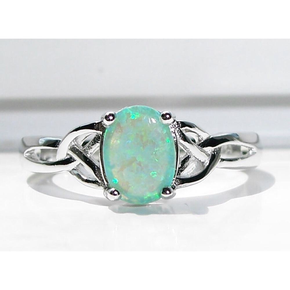 925 STERLING SILVER Lab Created Green Fire Opal Ring - Picture 2 of 16